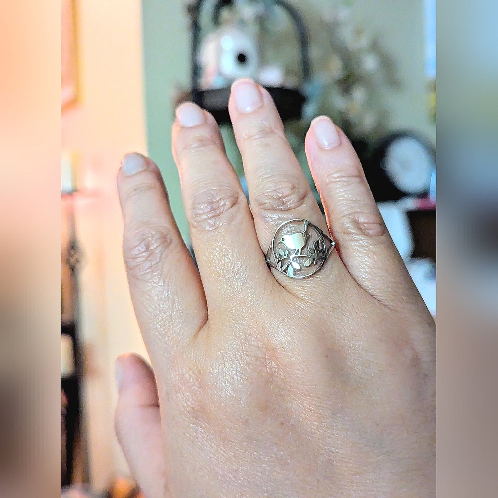 Bird on a Branch Silver Oval Ring